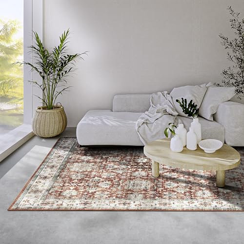 ELLE Decoration Saveh Teppich – Klassischer Rutschfester Vintage Design Kurzflor Teppich für Schlafzimmer, Esszimmer, Wohnzimmer, Flur, Küche – Rot Creme, 200x290cm