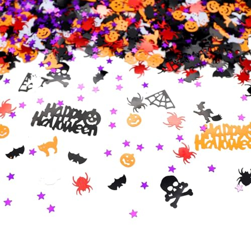 Halloween Konfetti - Streudeko Dekoration Mit Hexen, Kürbis, Fledermaus, Sterne, Katze, Spinnweben - Tischdeko für Halloween, Horror Desktop Dekoration