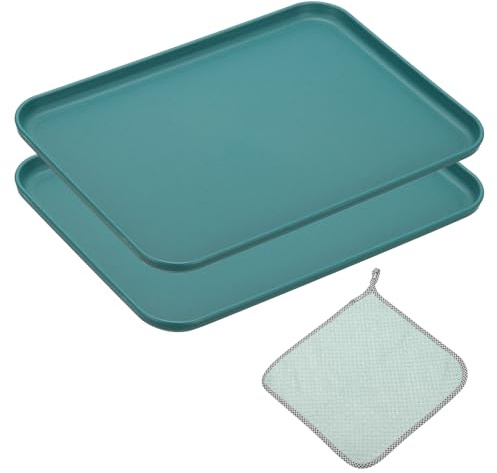 PATIKIL 12.1x8.7 Inch Fast Food Serving Trays, 2pcs Reusable Restaurant Serving Trays Cleaning Clothes Included PP Multi-Purpose Rectangle Small Size Tray, Dark Green
