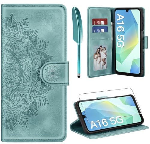 ivencase Lederhülle für Samsung Galaxy A16 5G / 4G Hülle mit Schutzfolie, Premium Klappbar Flip Wallet Handyhülle, [PU Leder] [Kartenfach] [Ständer] Schutzhülle Kompatibel mit Samsung A16, Grün