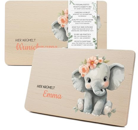 Yabaduu Individuelles Holzbrett für Kinder 23,5x15cm Frühstücksbrettchen Brotzeitbrett personalisiert aus Holz Tier-Motiv als Geschenk Geburtstag Kind RV007 (06 Elefant, Mit Wunschname)