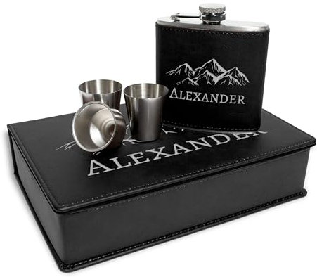 Flachmann Set personalisiert mit Gravur - Berge-Design mit deinem Namen - Edelstahl mit Kunstleder – Geschenkbox für Männer - Outdoor & Camping - Schwarzes Kunstleder, Deckel Gravur