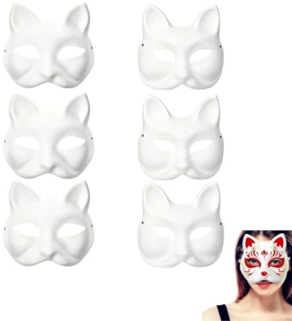 Mikiuly Mask, Katzenmasken, Fuchs Maske, Tiermasken zum Bemalen Fuchsmasken, Handbemalte Fuchs Maske, Persönlichkeit Maskerade Cat Mask Cosplay Singles Partys, Karneval Halloween, 6 Stück