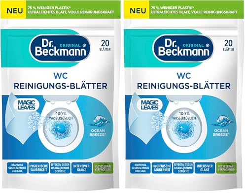 Dr. Beckmann WC Reinigungs-Blätter | Ocean Breeze | 2 x 20 Stk | Wasserlösliches Blatt | Einzeln dosiert | Platzsparend | Frischer Badduft