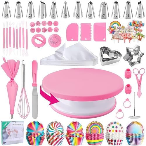 OUZHOU Cake Decorating Kit, 255 Pcs Cake Decorating Tools with Cake Turntable, Piping Bags and Nozzles Cake Making Equipment, Cake Baking Accessories for Beginners (Pink)