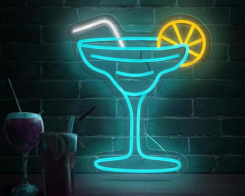 NEON LED Licht, dekorative Wand-Leuchte, Cocktail Glas mit Zitrone, blau gelb, ca. 38 x 33,3 cm, Deko-Licht, Wohnzimmer, Gaming-Zimmer, Nachtlicht für Schlafzimmer, Gamer Design-Lampe, USB-Betrieb