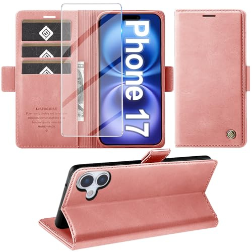 Giyer Handyhülle für iPhone 17 Hülle mit Schutzfolie, Standfunktion Kartenfach Wallet Premium Leder Schutzhülle für iPhone 17 5G 6.27 Zoll Flip Case Cover Stoßfeste Klapphülle (Rosa)