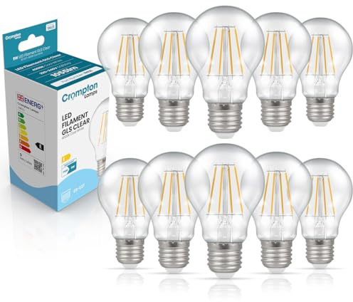 Crompton Lamps Filament GLS LED Light Bulb ES-E27 | 9W = 75W Equivalent | Cool White 4000K | Energy Efficient | Edison Screw Lightbulb | Long Life 15,000-Hrs | Clear Glass | Dimmable | 10-Pack