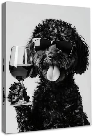 Dazzlewall Framed Funny Animal Wall Art Humor Dog Drinking Wine Poster, Black and White Dog Picture for Bathroom Kitchen Bedroom Decor 12×16 in