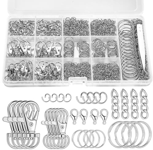 1130pcs Keychain Making Kit with Jump Rings, Clasps and Hooks | Alloy metal parts, assorted sizes, storage box with tweezers, for DIY keychains, jewellery repair and crafts