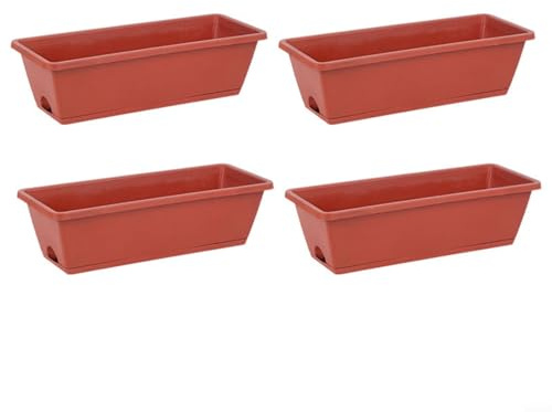 NbgrvB 4 Stück 42 cm rechteckige Kunststoff-Fenster-Pflanzkästen mit Drainageschalen für Blumen und Gemüse (roter Ziegelstein)
