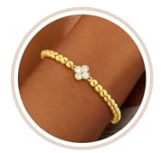 ZNBOH Beads Armband Gold Damen 18K Vergoldet Kleeblatt Geburtsstein Armband | Wasserfest Elastisch Armbänder mit Stein Zirkonia Amethyst Aquamarin,Goldene Schmuck,Geschenk für Frauen Freundin Mädchen