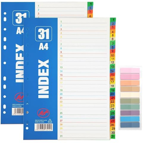 Tuxvealu Set med 2 A4-filavdelare, A4-arkivavdelare, nummer 1–31, flerfärgad avdelare med 11 hål, mappregister, perfekt för hem, kontor och skola