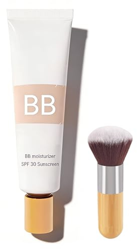 BB Tinted Moisturiser SPF 30, 2-in-1 Concealer & Feuchtigkeitsspendende Foundation, Glättet & Gleicht Hautton Aus, Leichte Creme mit Makeup-Pinsel, Natürliches Finish (A)