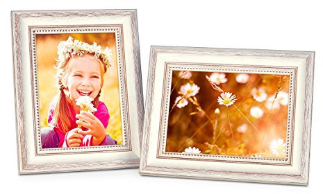 2er Set Bilderrahmen Shabby-Chic Landhaus-Stil Weiss 10x15 cm Massivholz mit Glasscheibe und Zubehör/Fotorahmen