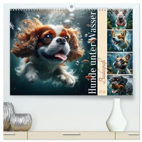 Badespaß - Hunde unter Wasser (hochwertiger Premium Wandkalender 2026 DIN A2 quer), Kunstdruck in Hochglanz: Lustigste Momente unserer tierischen Freunde im kühlen Nass (CALVENDO Tiere)