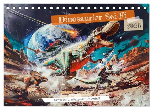 Dinosaurier Sci-Fi - Kampf der Urzeitgiganten im Weltall (Tischkalender 2026 DIN A5 quer), CALVENDO Monatskalender: Weltraum-Chaos: Dino-Galaxie in Gefahr (CALVENDO Technologie)