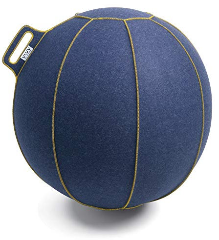 VLUV BOL VELT Filz-Sitzball, ergonomisches Sitzmöbel für Büro und Zuhause, Farbe: Jeans-Melange/Gold, Ø 70cm - 75cm, 100% Merino Wollfilz, robust und formstabil, mit Tragegriff