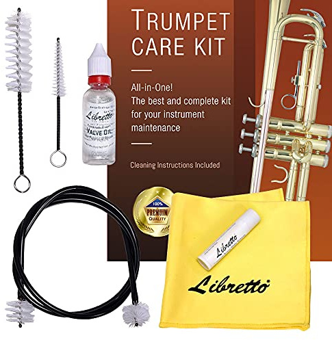 Libretto Trumpet (Cornet) All-Inclusive Care Kit w/Instructions: Valve Oil+Slide Grease+Cleaning Cloth+Mouthpiece/Valve/Bore Brushes, Giftable Handy Case, Time to Clean & Extend Life of Your Trumpet!