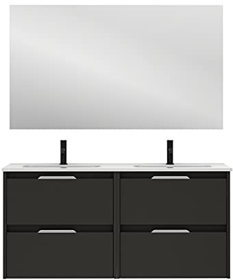 AMIZUVA | Conjunto de Mueble de Baño Suspendido Suki con 4 cajones | Anchura 120 cm | Incluye 2 Lavabos Cerámicos | Acabado en Antracita Brillo | Mueble de Lavabo Doble | Mueble Bajo Lavabo