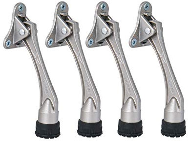HOME&I Easy Pedal Kickdown Door Stopper,4-Inch Basic Commercial Heavy Duty Door Stop Holder Kick Door Kickstand Rubber Foot (4 Pack-Satin Nickel)
