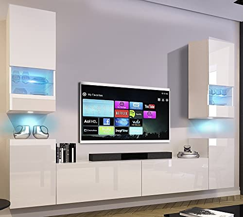 Furnitech Wohnwand Wohnzimmer | Wohnzimmer Möbel mit LED Blau | Hängend Wohnwand Modern | Wohnzimmer Schrankwand mit Regale und TV Schrank (Future 67/HG/W/2 1A)