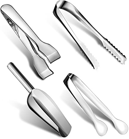 Sieral 4 Pcs Ice Tongs and Scoop for Ice Bucket Kit Silver Stainless