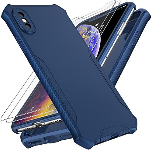 ORETECH 360° Protective for iPhone X Case, iPhone Xs Case and [2 x 9H Glass Screen Protectors] [Full Body Shockproof] Hard PC Front and Silicone Hybrid Cover for iPhone 10 X XS Phone Case - Storm Blue