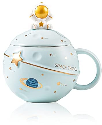 Taza de Astronauta Kawaii - Planeta en Relieve Espacial, Cerámica Linda Con Tapa y Cuchara para Café, Té y Leche - Regalo Divertido de Cumpleaños (Azul)