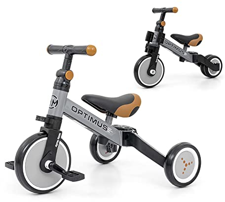 Milly Mally Optimus Kinderfahrrad 3-in-1, Dreirad, Laufrad mit Pedalen, für Jungen und Mädchen ab 1 Jahr, Lauflernhilfe für Kinder, Rutscher, für EIN Geschenk geeignet Grau