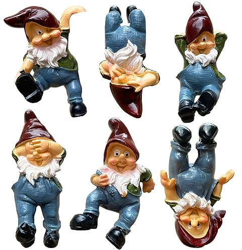 JARPSIRY Lot de 6 figurines de nains de jardin à suspendre en résine pour pot de fleurs et vase - Statues de nain de jardin - Décoration de terrarium miniature - Ornements pour jardin, cour, balcon