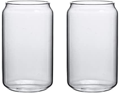 XHONG Paquete de 2 vasos de cerveza, vasos en forma de lata, vasos de cerveza, vasos de café helado con tapas de bambú y pajita de vidrio, adecuados para zumos, cervezas, refrescos, bebidas heladas y