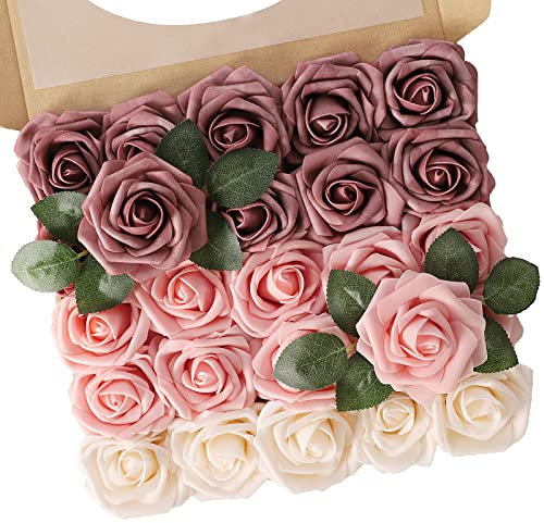N&T NIETING Artificial Flowers Roses, 25Pcs Real Touch Rose Flower with Stem for DIY Wedding Bouquets Bridal Shower Centerpieces Floral Arrangements Party Tables Home Decorations