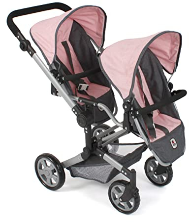 Bayer Chic 2000 - Puppenwagen Linus Duo, Zwillingspuppenwagen für Kinder von 4 bis 8 Jahren, Melange dunkelgrau, rosa, 690-81