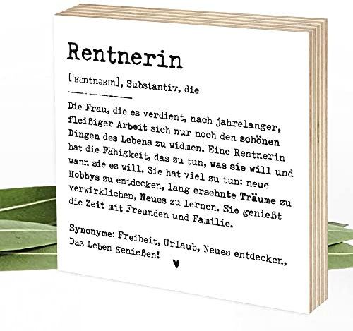 Wunderpixel® Holzbild Definition Rentnerin - 15x15x2cm zum Hinstellen/Aufhängen, Fotodruck mit Spruch auf Holz - schwarz-weißes Wand-Bild Aufsteller Zuhause Büro zur Dekoration Geschenk-Idee