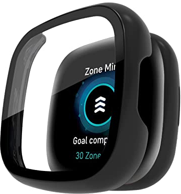 SeNool Hülle Kompatibel mit Fitbit Versa 4/Sense 2, Harter PC Hülle mit Panzer Schutz Glas Schutzfolie, [9H Härte, Anti-Kratzen], Schutzhülle Kompatibel mit Fitbit Sense 2 / Versa 4 - Schwarz