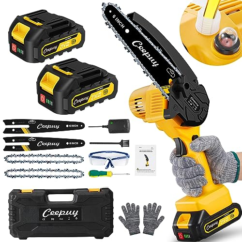 CEEPUY Mini motosega con batteria – 6 pollici 4000 mAh, con serratura di sicurezza, catena in acciaio super handheld manganese e oliatore automatico, funzionamento a batteria