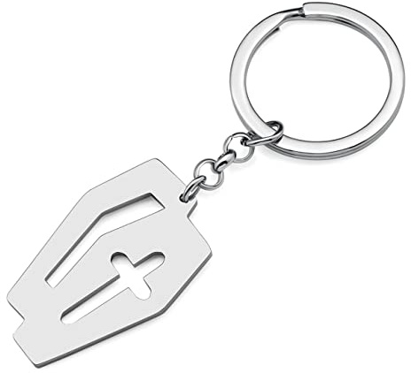 RAIDIN Edelstahl 18K Gold Silber Plattiert Schlüsselanhänger Halloween Horror Grabstein Fledermaus Geist Schlüsselring für Männer Damen Geschenke Auto Handtasche Schlüssel Charms (Silber-010 Sarg)
