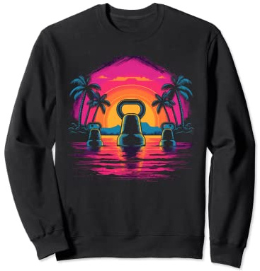 Retro Vintage Sunset Circle Palm Trees Kettlebell Lover Gym Sweatshirt
