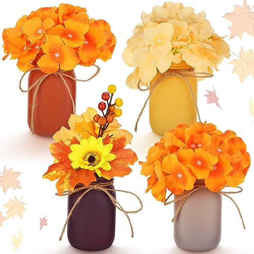 Bokon 4 Pcs Thanksgiving Mason Jar Centerpiece for Table Farmhouse Mason Jar Decor Rustic Decorative Flowers Mason Jars for Centerpieces Tiered Tray Table Decor Settings for Home Living Room Kitchen