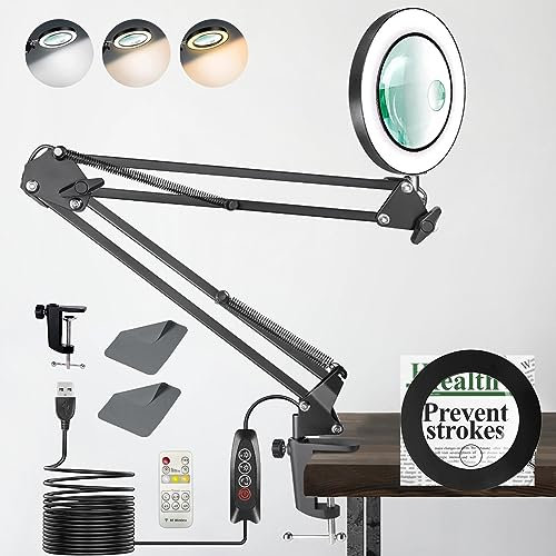 Lampe de Bureau Loupe 10X 15X et LED, Lampe Loupe sur Pied avec 3 Modes de Couleurs et 10 Niveaux de Gradation, Lampe Eclairante avec Bras Pivotant Réglable pour Lire et Travailler