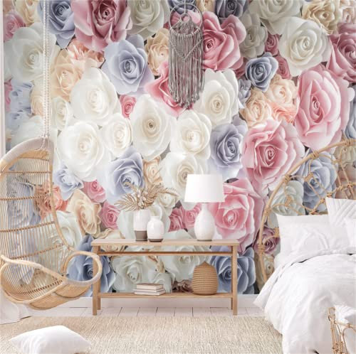 FLFK Carta da parati rimovibile con rose colorate 3D, per soggiorno, camera da letto, decorazione per la casa, 350 x 229,9 cm (non autoadesiva)