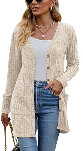 Famulily Autumn Winter Cardigans for Women with Pockets, Button Down Open Front Cardigans Sweaters for Ladies (L, Beige)