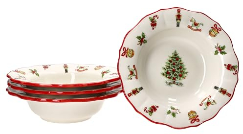 MamboCat Maestro Natale Set di 4 piatti fondi, 350 ml, piatti in ceramica italiana per 4 persone, con decorazioni natalizie, piatti per insalata, zuppa, riso e pasta a Natale, Avvento e Nicola