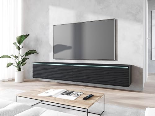 Mueble de TV Lowboard D 180 cm, Mueble de televisión, Mesa de TV, iluminación LED Opcional, Color Negro Ondulado (con iluminación LED)