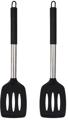 Pack of 2 Silicone Spatulas, Heat Resistant Silicone Slotted Spatula, Kitchen Aid, Spatula, BPA-Free, Dishwasher Safe, Black Kitchen Utensils, Cookware, Turner, Non-Stick Spatula for Cooking