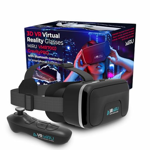 MIRU Gafas de realidad virtual 3D para juegos y vídeo con compatibilidad Android e iOS, visor Vr teléfono 4.7''-7'', distancia focal 37.5-46.5mm, correas ajustables (gravedad PRO + controlador)