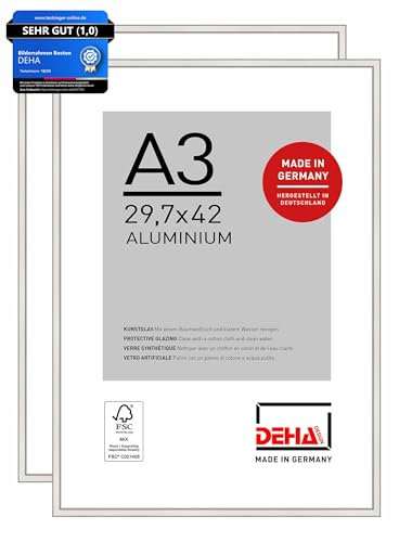 DEHA Design Bilderrahmen, 29,7 x 42 cm (A3) (2er Set), Aluminium, Silber glanz, Posterrahmen zum Aufhängen im Hoch- & Querformat, bruchsicheres Kunstglas, Boston