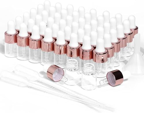 Mini flacons compte-gouttes en verre,50 flacons d'huile essentielle avec bouchon doré rose,utilisés pour les échantillons de parfum,l'huile corporelle,le liquide cosmétique (2 ml)