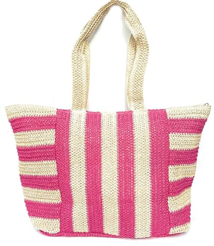 stylx Korbtaschen GESTREIFT Damen Stroh Umhängetasche Mori EIN-Schulter-Strohsack Handgewebte Basttasche Korbtasche Sommer Strand Frauen Weben Handtasche für Arbeit Reise Outdoor (fuchsia)